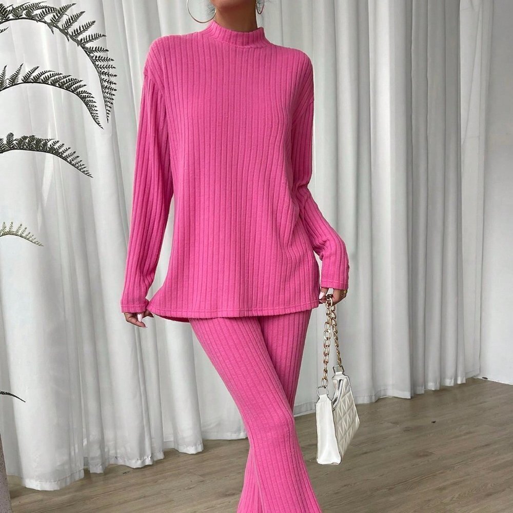 Pink Preppy Womens Mock Neck Drop Shoulder Tee & Pants - Picture 5 of 5